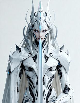 The primary subject of the image is a woman dressed in a futuristic, white costume with a sword. She is wearing a white helmet and has long white hair. The setting is a white background, which provides a clean and minimalist look to the image. The visual style is a combination of digital art and illustration, creating a unique and intriguing scene. The colors and mood of the image are predominantly white, giving it a clean, futuristic, and somewhat mysterious atmosphere.